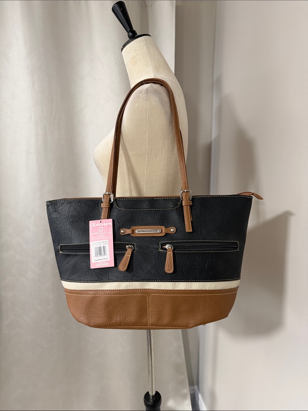 Colorblock Black, Brown & Cream Leather Tote Bag with Dual Straps